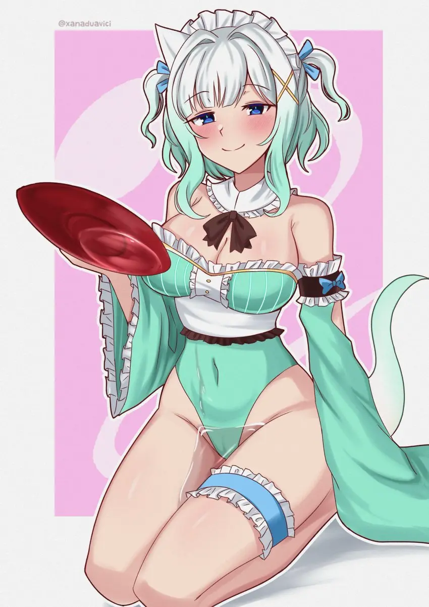 Image 1girls,big_breasts,blush,breasts,female,hi_res,highres,large_breasts,looking_at_viewer,smile,solo,white_hair,blue_hair,navel,thighs,gradient_hair,kneeling,virtual_youtuber,belly_button,cleavage,solo_female,solo_focus,legs,detached_sleeves,detached_collar,twintails,green_hair,maid,maid_headdress,legwear,sake,thigh_strap,indie_virtual_youtuber,ribbons,exposed_shoulders,bare_legs,ghost_girl,x_hair_ornament,alcoholic_drink,kneeling_female,pouring_on_self,navel_visible_through_clothes,bare_hips,belly_button_visible_through_clothing,mint_fantome,xanadu_avici,xanaduavici,wet_thighs,sake_dish