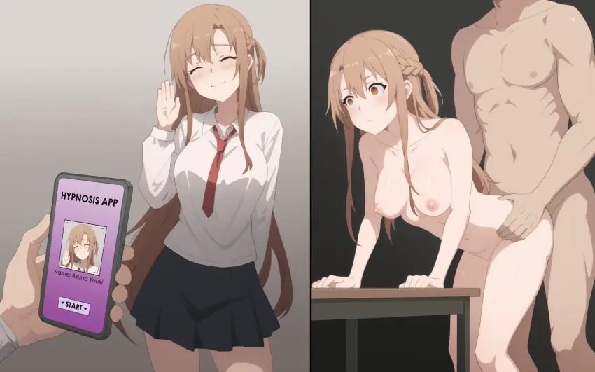 Image breasts,brown_eyes,female,highres,long_hair,long_sleeves,nipples,shirt,standing,very_long_hair,1boy,absurdres,male,navel,nude,straight,sex,ai_generated,completely_nude,medium_breasts,school_uniform,brown_hair,closed_eyes,braid,expressionless,hair_between_eyes,miniskirt,skirt,white_shirt,sex_from_behind,holding,standing_sex,necktie,leaning_forward,holding_phone,phone,hypnosis,waving,ai_assisted,short_ponytail,empty_eyes,mind_control,english_commentary,black_skirt,red_necktie,sword_art_online,yuuki_asuna,french_braid,guilegaze,forced_smile,hands_on_table