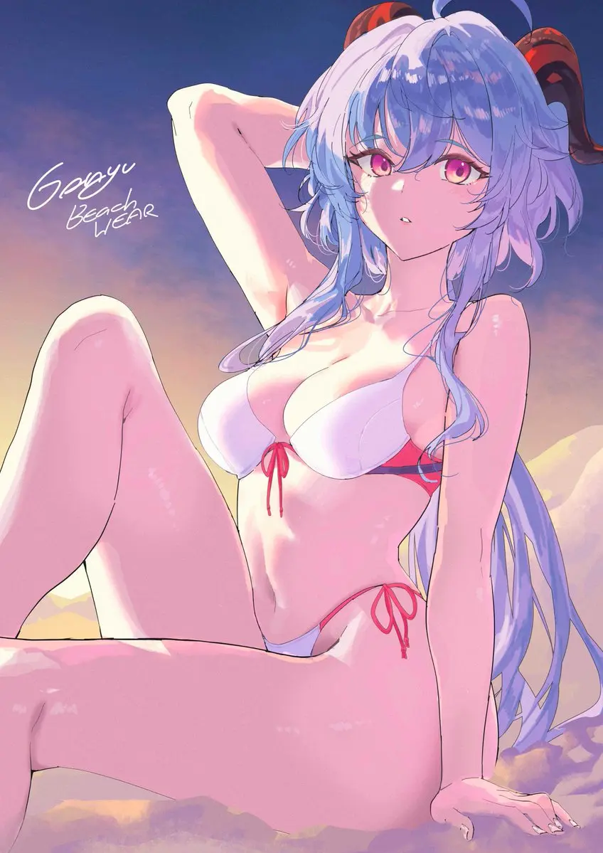 Image 1girls,breasts,female,female_only,light-skinned_female,light_skin,long_hair,looking_at_viewer,solo,blue_hair,bra,female_focus,horns,sky,belly_button,cleavage,solo_female,solo_focus,2d,medium_breasts,sitting,swimsuit,genshin_impact,ganyu_(genshin_impact),outdoors,hourglass_figure,alternate_costume,2d_(artwork),thong,mihoyo,summer,hoyoverse,thong_bikini,two_piece_swimsuit,sunset,arm_behind_head,adeptus,salmon88