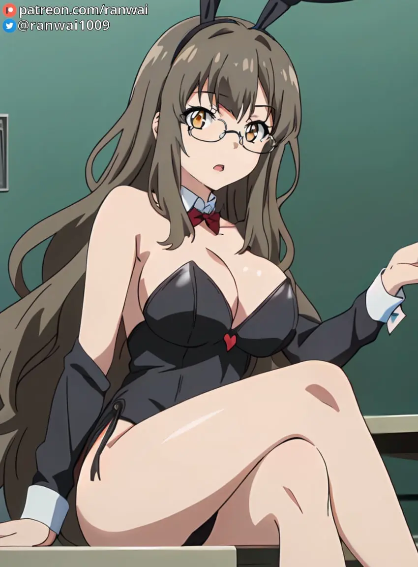 Image breasts,brown_eyes,female,large_breasts,ai_generated,stable_diffusion,sitting,brown_hair,bunny_girl,bunnysuit,anime,ranwai,seishun_buta_yarou_wa_bunny_girl_senpai_no_yume_wo_minai,futaba_rio
