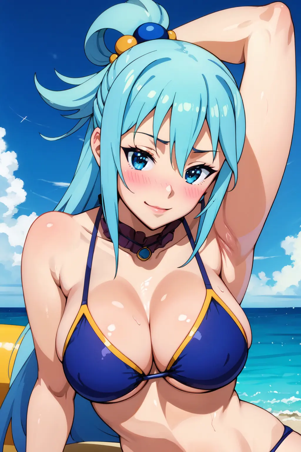 Image 1girls,blush,breasts,female,female_only,nipples,smile,blue_eyes,blue_hair,bikini,armpits,ai_generated,huge_breasts,outdoors,upper_body,light_blue_hair,bikini_top,blue_bikini,arm_up,kono_subarashii_sekai_ni_shukufuku_wo!,portrait,aqua_(konosuba),candy_blue_hair,kiraaiart