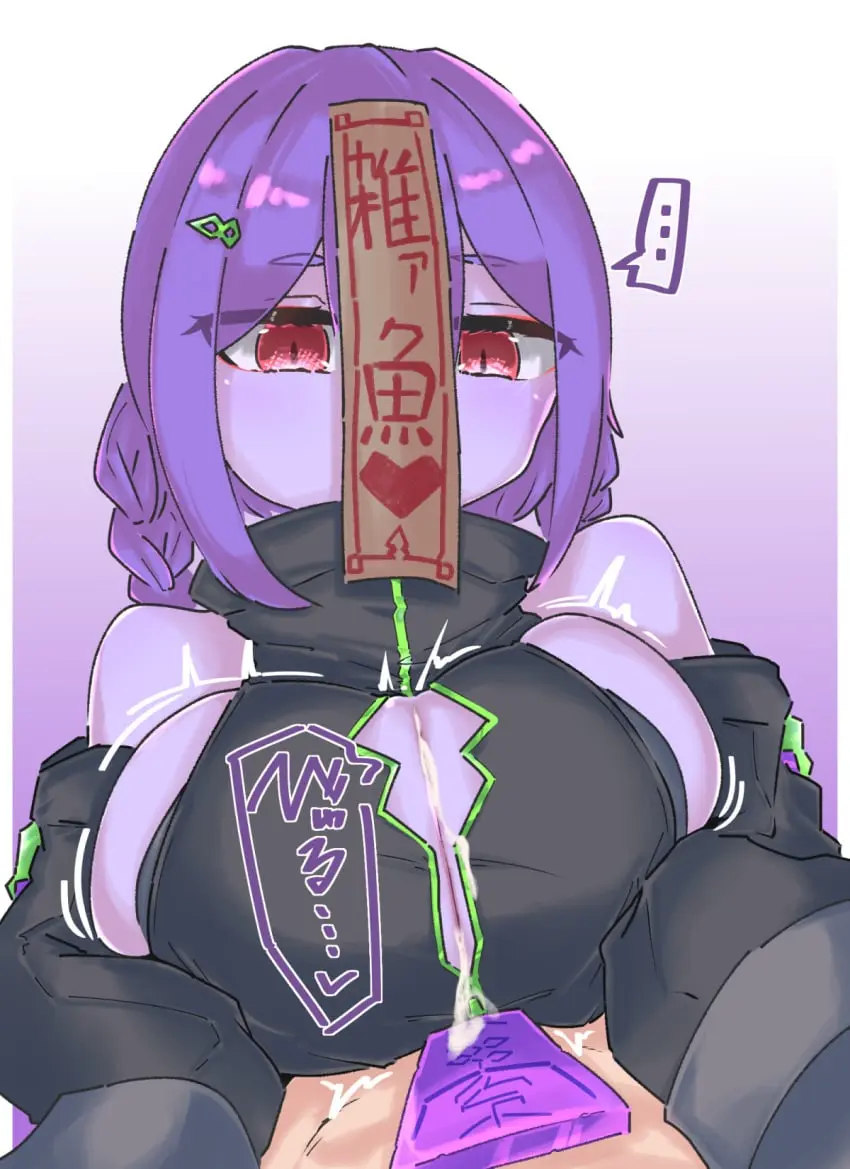 Image 1girls,breasts,female,light_skin,red_eyes,1boy,cum,male,bare_shoulders,eyebrows_visible_through_hair,sideboob,huge_breasts,light-skinned_male,purple_skin,monster_girl,paizuri,cum_on_breasts,original,detached_sleeves,purple_hair,clothed_female_nude_male,zipper,cum_between_breasts,engulfing_paizuri,purple-skinned_female,talisman,jiangshi,mmbirrrrd