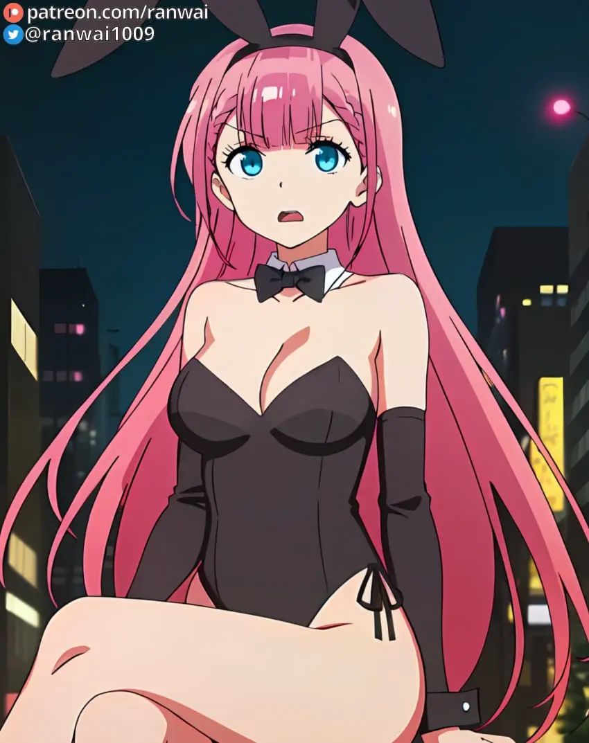 Image 1girls,breasts,female,female_only,human,large_breasts,solo,blue_eyes,ai_generated,pink_hair,sitting,bunny_girl,bunnysuit,anime,ranwai,stable,bokutachi_wa_benkyou_ga_dekinai,kirisu_mafuyu_(bokuben)