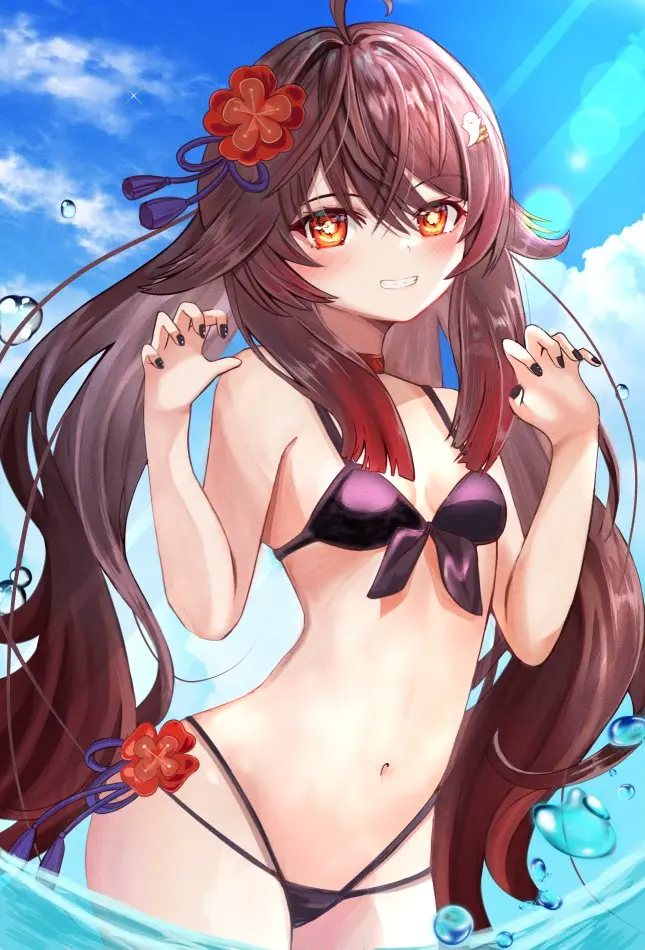 Image 1girls,breasts,female,female_only,light-skinned_female,light_skin,long_hair,looking_at_viewer,red_eyes,standing,bikini,bra,female_focus,small_breasts,smiling,smiling_at_viewer,water,ocean,sky,standing_in_water,belly_button,solo_female,solo_focus,2d,swimsuit,brown_hair,genshin_impact,hu_tao_(genshin_impact),outdoors,hourglass_figure,low_res,alternate_costume,2d_(artwork),young,thong,front_view,lowres,younger_female,black_nails,day,mihoyo,summer,hoyoverse,clouds,thong_bikini,two_piece_swimsuit,pigtails,multi-strapped_bikini,flower_shaped_pupils,mitsu336