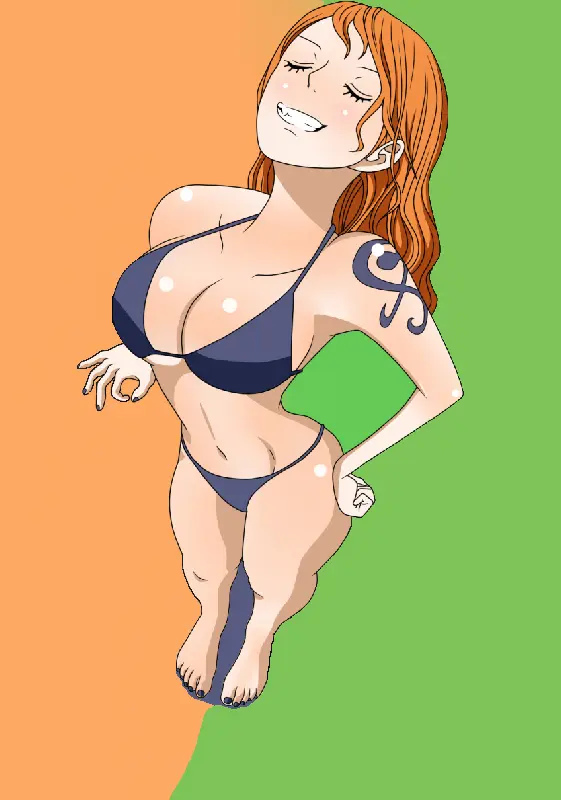Image female,female_only,long_hair,shiny_skin,bikini,one_piece,blue_tattoo,nami_(one_piece),orange_hair,post-timeskip,tattoo,tattoo_on_arm,tattooed_arm,black_fingernails,pirate,showing_teeth,pirate_girl,black_toenails,yori8