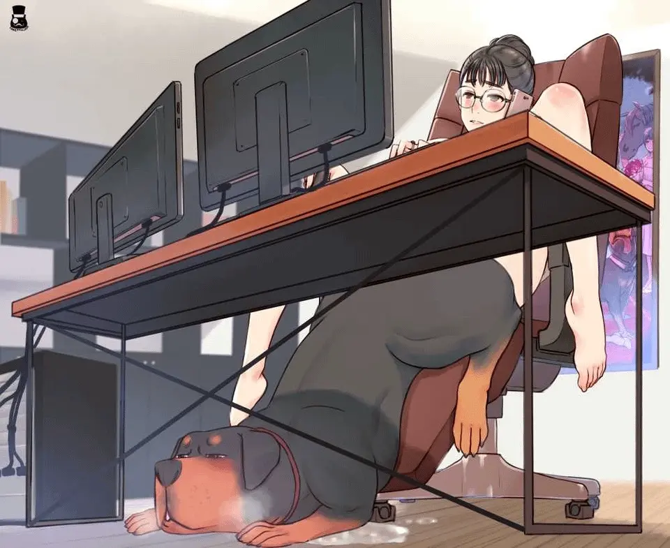 Image 1girls,female,1boy,male,straight,sex,glasses,couple,indoors,canine,domestic_dog,monitor,1animal,feral,zoophilia,m_legs,round_glasses,multitasking,1dog,mr.takealook,office_hair