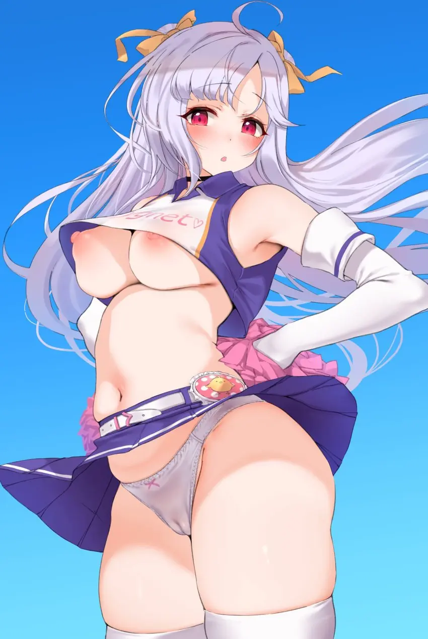 Image blush,breasts,collared_shirt,cowboy_shot,female,highres,long_hair,looking_at_viewer,nipples,red_eyes,shirt,simple_background,solo,very_long_hair,thighhighs,panties,underwear,blue_background,armpits,text,medium_breasts,hair_ribbon,heavy_blush,detached_sleeves,purple_hair,hand_on_hip,cameltoe,skindentation,miniskirt,skirt,ribbon,white_panties,sleeveless,sleeveless_shirt,heart,belt,cropped_shirt,english_text,puffy_nipples,azur_lane,upskirt,arms_behind_back,white_thighhighs,cheerleader,character_name,wind,purple_skirt,pom_pom_(cheerleading),white_sleeves,turning_head,purple_shirt,yellow_ribbon,chestnut_mouth,wind_lift,manjuu_(azur_lane),cygnet_(azur_lane),cygnet_(royal_fanfare)_(azur_lane),hechi_(hechi322)