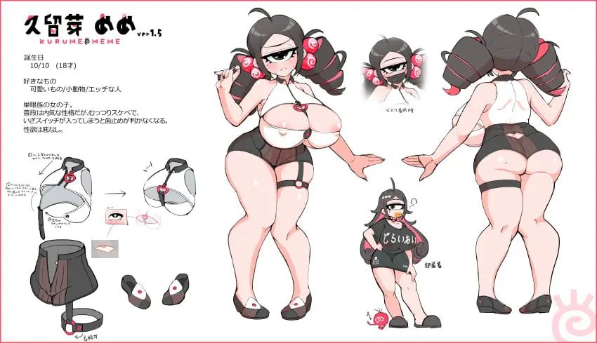 Image 1girls,breasts,female,light-skinned_female,light_skin,black_hair,ass,cleavage,huge_breasts,text,monster_girl,original,skirt,japanese_text,nipple_bulge,black_nails,twin_drills,shoes,character_sheet,cyclops,food,drill_hair,popsicle,black_eye,kurume_meme,penny_sirahune