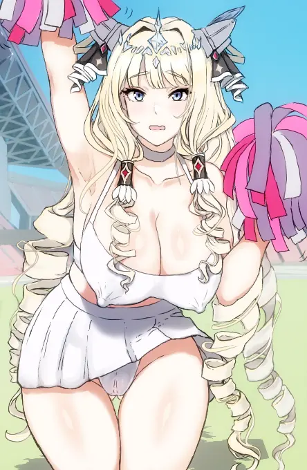 Image 1girls,breasts,female,large_breasts,long_hair,looking_at_viewer,no_bra,open_mouth,solo,blue_eyes,choker,panties,underwear,armpits,embarrassed,sky,cleavage,collarbone,covered_nipples,headgear,solo_female,blonde_hair,cameltoe,skirt,white_panties,pleated_skirt,goddess_of_victory:_nikke,lowres,tank_top,crop_top,crown,white_skirt,upskirt,cheerleader,drill_hair,pom_poms,one_arm_up,white_tank_top,crown_(nikke),shironoharuka