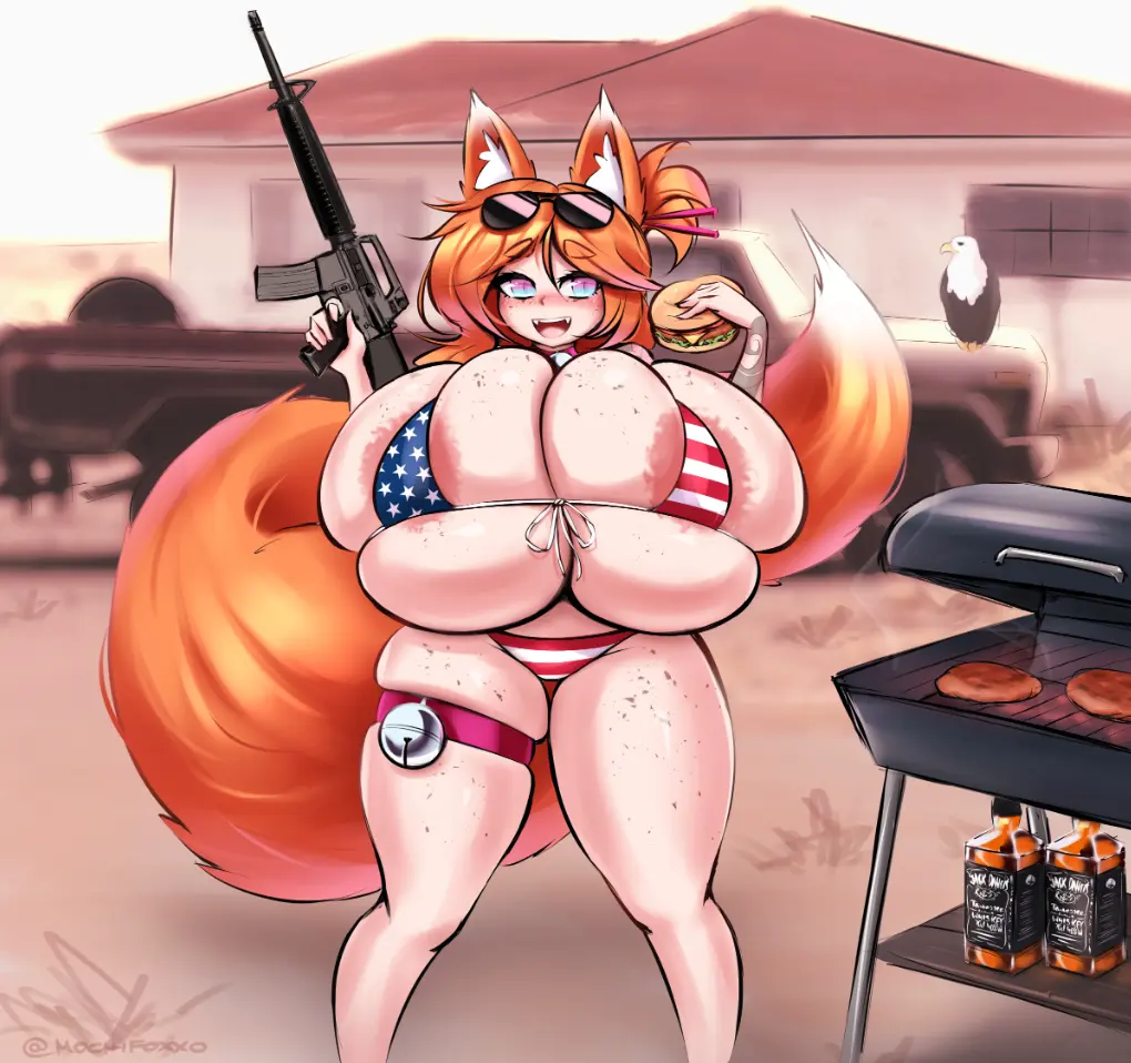 Image female,bikini,orange_hair,kemonomimi,fox_ears,fox_tail,areola_slip,orange_tail,gun,american_flag_bikini,burger,white_tail_tip,foxgirl,bald_eagle,mochifoxxo,mochi_(mochifoxxo)