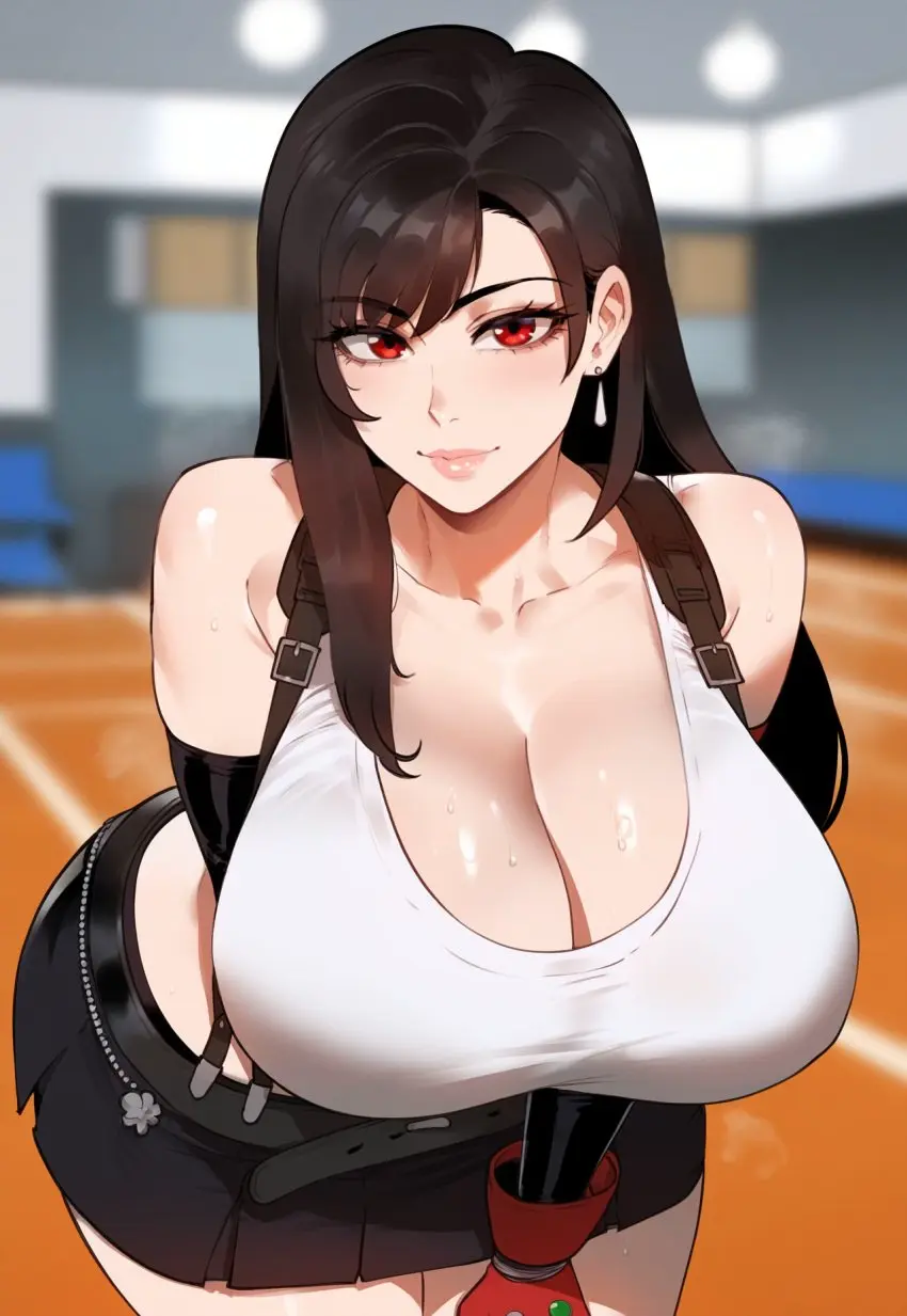 Image 1girls,breasts,female,solo,black_hair,thick_thighs,wide_hips,ai_generated,cleavage,huge_breasts,massive_breasts,pale-skinned_female,pale_skin,skirt,final_fantasy,final_fantasy_vii,tifa_lockhart,thick_lips,tank_top,thiccwithaq_(ai_style),big_lips,artstyle_imitation,liu_(artist)