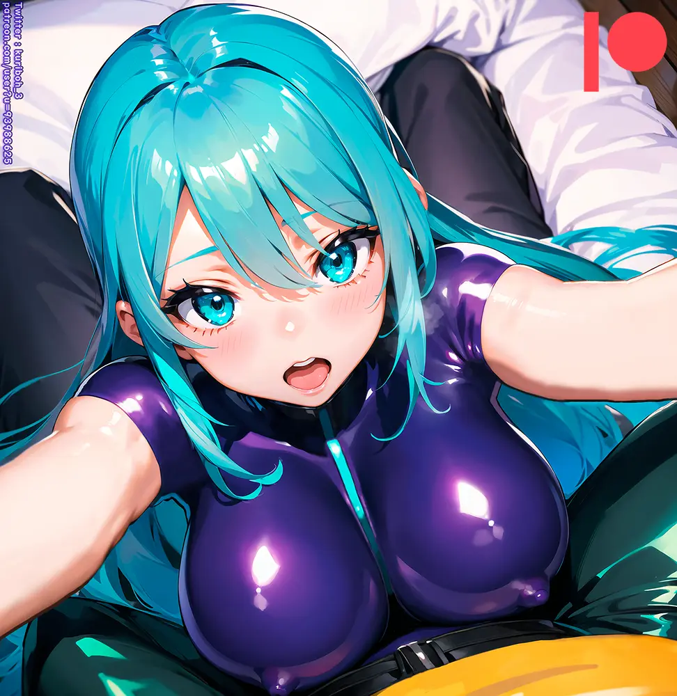 Image breasts,female,ai_generated,turquoise_eyes,latex,bodysuit,turquoise_hair,latex_suit,rubber,rubber_suit,oppai,kuriboh_ex_(artist)