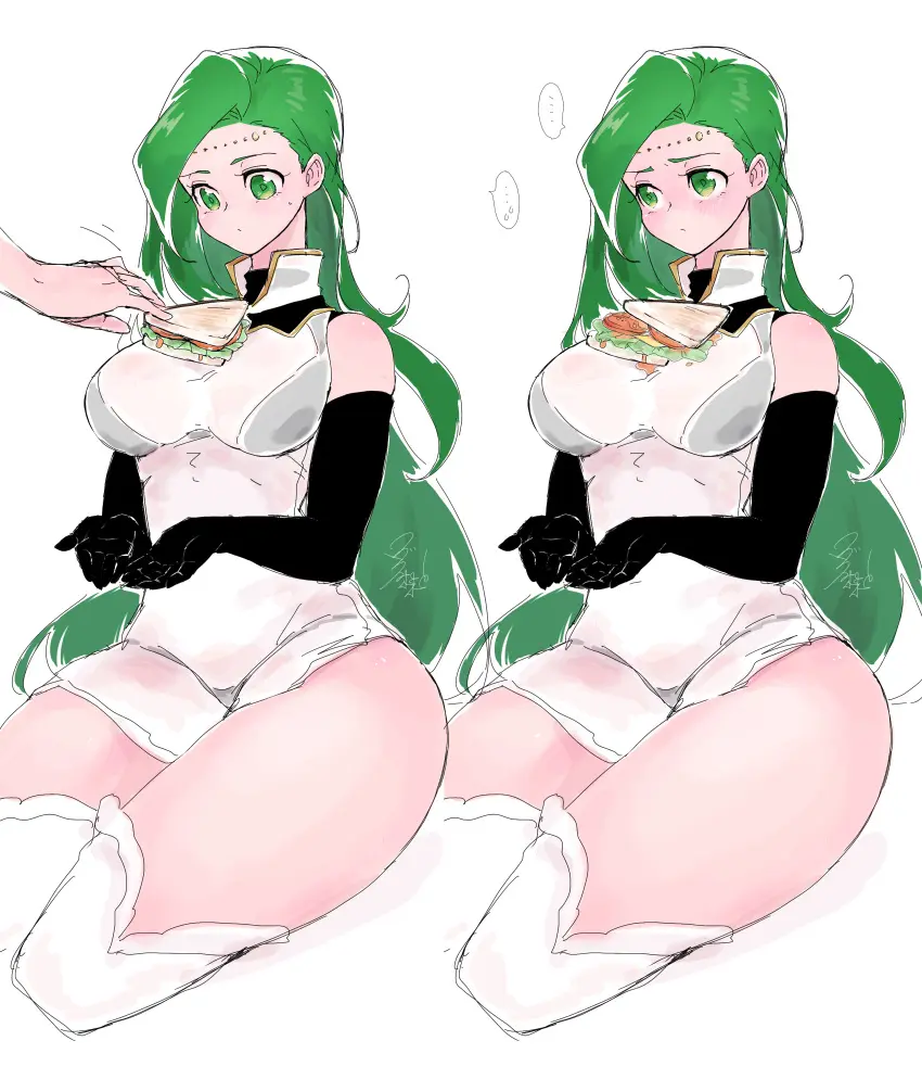 Image 1girls,breasts,female,large_breasts,long_hair,very_long_hair,white_background,elbow_gloves,gloves,thighhighs,bra,panties,underwear,female_focus,thick_thighs,thighs,bare_thighs,green_eyes,sitting,nintendo,expressionless,black_panties,green_hair,see-through,fire_emblem,offering,...,looking_up,food,sandwiched,fire_emblem:_genealogy_of_the_holy_war,on_breasts,cupping_hands,annand_(fire_emblem),ta_dasu_(tadasu_hayashi)