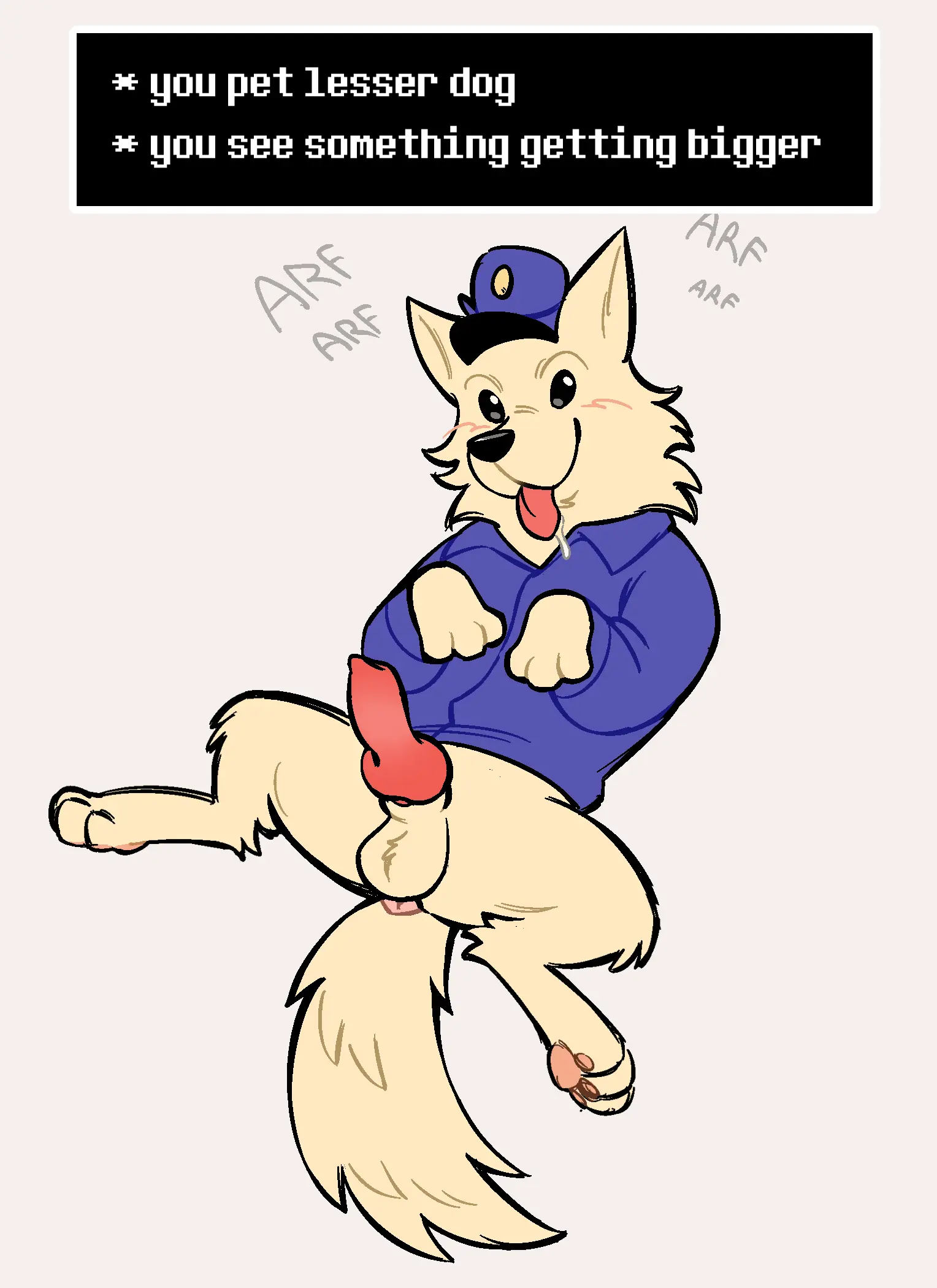 Image clothed,clothing,hi_res,solo,male,tail,tongue_out,tongue,hat,headwear,male_only,headgear,solo_focus,balls,text,anus,saliva,bodily_fluids,canid,canine,canis,domestic_dog,genitals,mammal,black_eyes,partially_clothed,fluffy,knot,feral,undertale,undertale_(series),catlord,lesser_dog,ts!underswap