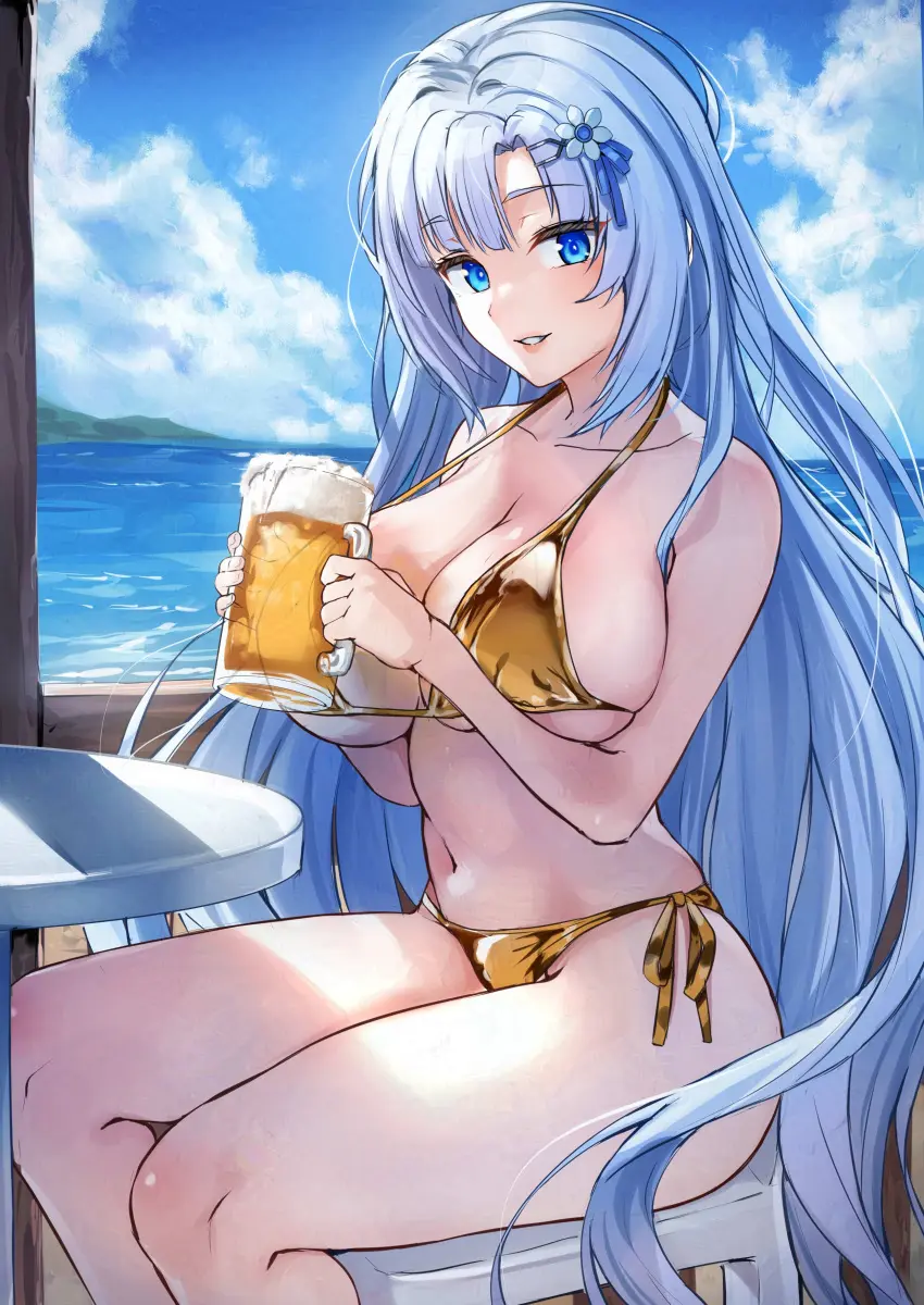 Image breasts,female,highres,smile,solo,absurdres,animal_ears,bikini,beach,cat_ears,sky,swimsuit,heterochromia,blue_sky,beer,alcohol,tenneko_yuuri,voicevox