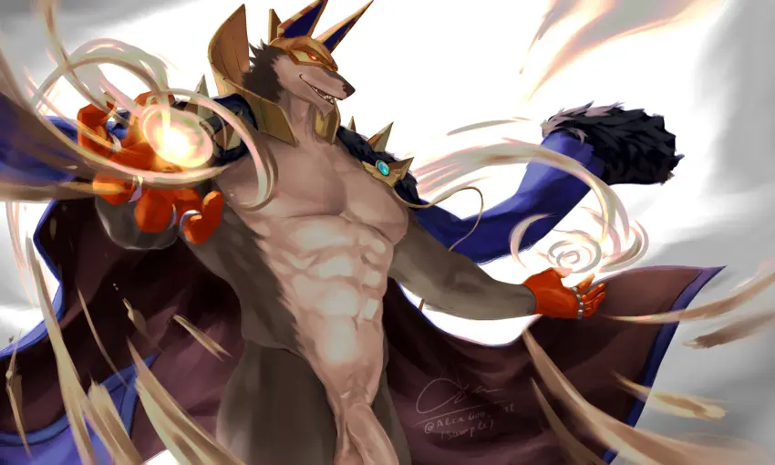Image highres,open_mouth,1boy,gloves,male,nude,penis,furry,muscular,muscular_male,yaoi,bara,fangs,sand,male_focus,solo_male,abs,magic,signature,pectorals,furry_male,mask,twitter_username,english_commentary,coat,looking_to_the_side,dislyte,blue_coat,orange_gloves,hinnab_art,jackal_boy,sander_(set)_(dislyte)