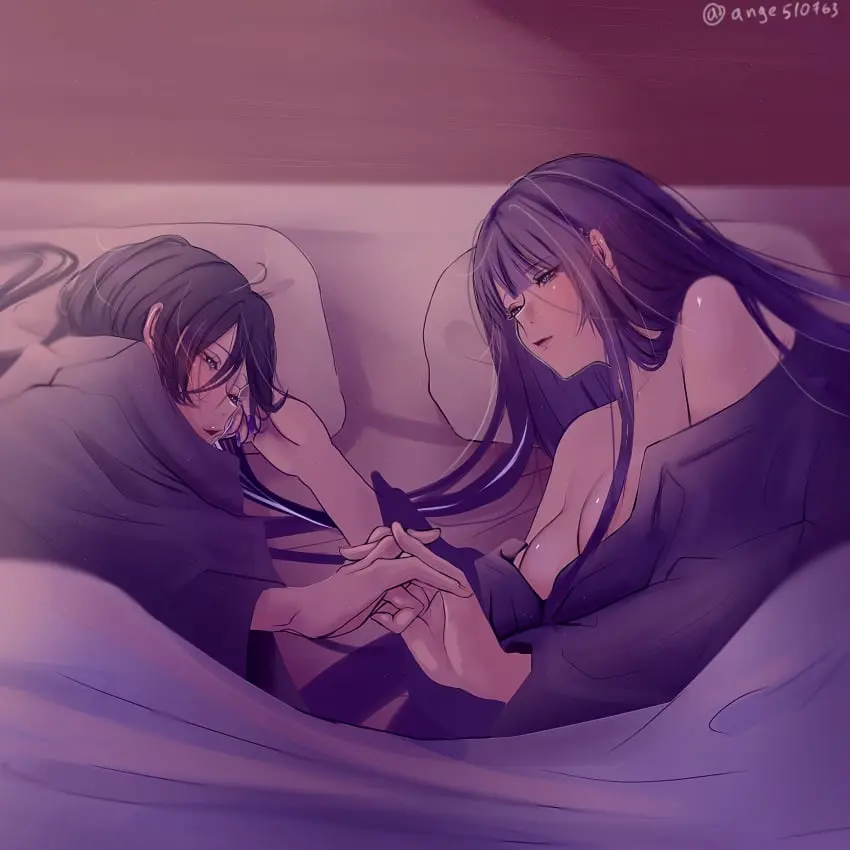 Image 1girls,big_breasts,breasts,female,1boy,male,milf,artist_name,male/female,genshin_impact,purple_hair,bed,holding_hands,pillow,kimono,raiden_shogun,mihoyo,mother_and_son,no_penetration,scaramouche_(genshin_impact),asleep,sleeping_together,ange510763