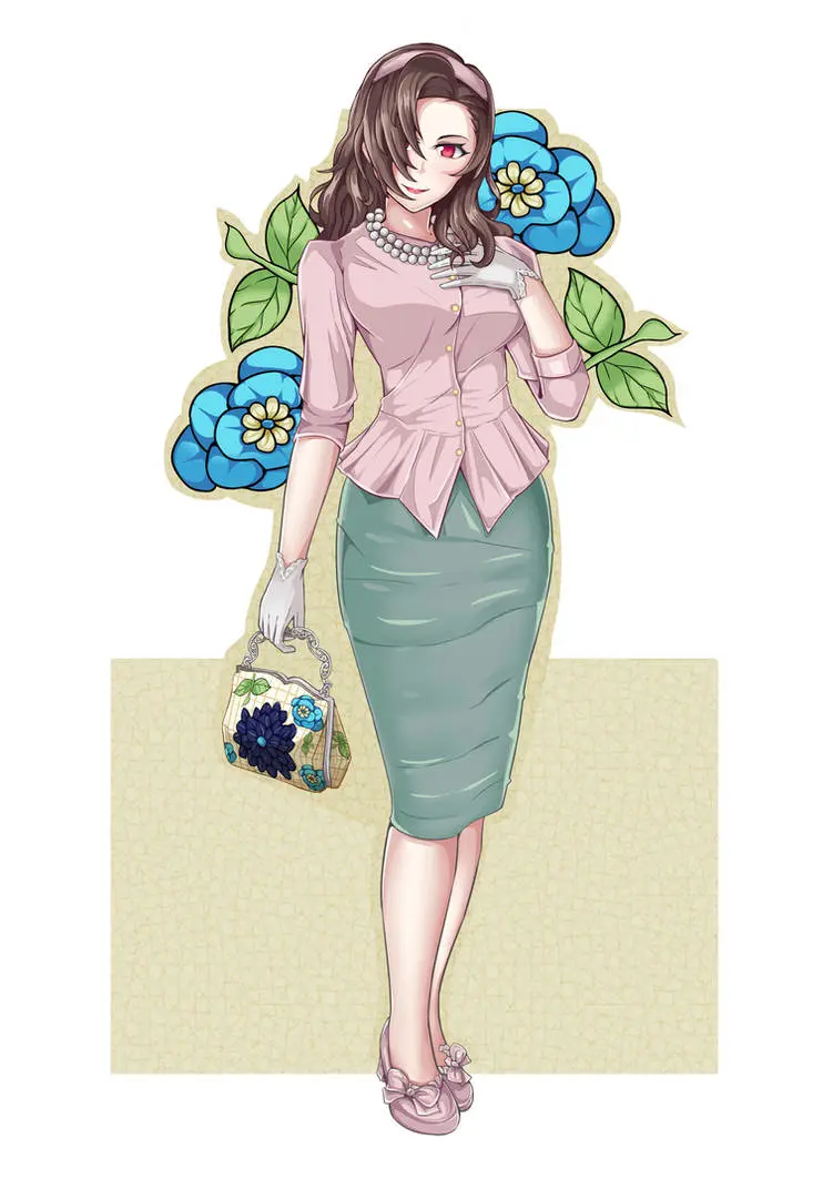 Image 1girls,breasts,female,large_breasts,long_hair,looking_at_viewer,red_eyes,shirt,gloves,hair_over_one_eye,hairband,necklace,brown_hair,nintendo,skirt,high_heels,alternate_costume,fire_emblem,fire_emblem_fates,green_skirt,alternate_hairstyle,pink_shirt,button_down_shirt,handbag,pearl_necklace,pencil_skirt,kagero_(fire_emblem),housewife,stepfordization,sorewachigoyo