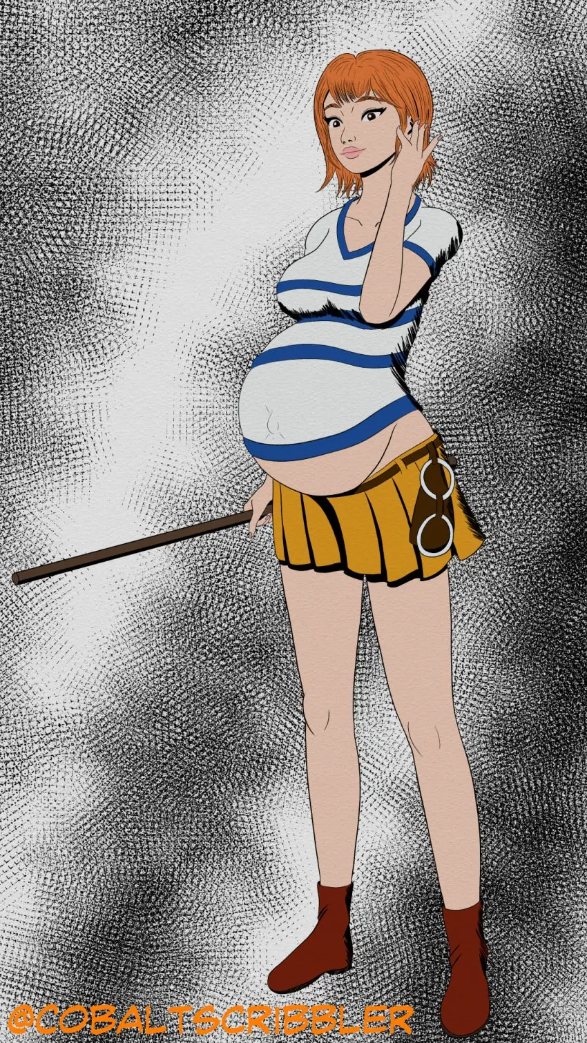 Image brown_eyes,female,female_only,light-skinned_female,light_skin,smile,short_hair,red_hair,one_piece,striped_clothing,belly,big_belly,nami_(one_piece),outie_navel,pregnant,pregnant_belly,pregnant_female,legs,miniskirt,holding_object,tight_clothing,holding_weapon,staff,belly_button_visible_through_clothing,pre-timeskip,holding_staff,nami_(classic),ill_fitting_clothing,cobaltscribbler