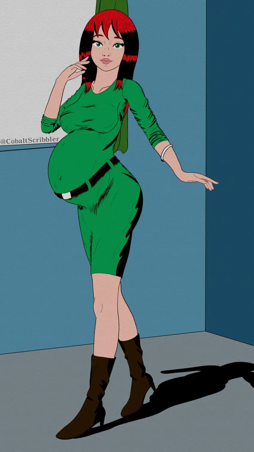 Image female,smile,solo,navel,red_hair,smiling,smiling_at_viewer,happy,happy_female,outie_navel,pregnant,pregnant_belly,pregnant_female,green_eyes,high_heels,tight_clothing,belt,boots,marvel,marvel_comics,high_heel_boots,spider-man_(series),tight_dress,mary_jane_watson,green_dress,brown_boots,modeling,cobaltscribbler,scarlet_hair