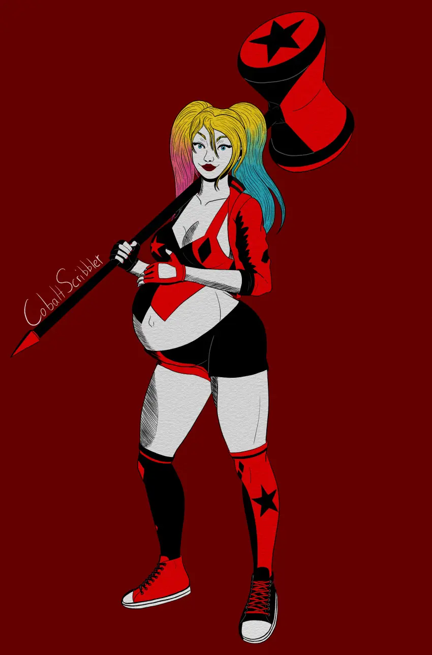 Image 1girls,female,solo,blue_eyes,gloves,navel,muscular,belly_button,outie_belly_button,outie_navel,popped_navel,pregnant,pregnant_belly,pregnant_female,blonde_hair,pale-skinned_female,pale_skin,twintails,fit,fit_female,holding_object,jacket,dc,dc_comics,blonde_hair_female,fingerless_gloves,holding_weapon,dyed_hair,harley_quinn,muscular_thighs,hand_on_belly,jacket_open,sneakers,black,slightly_muscular,red,hammer,holding_hammer,cobaltscribbler,outie,holding_mallet,mallet,slightly_muscular_female