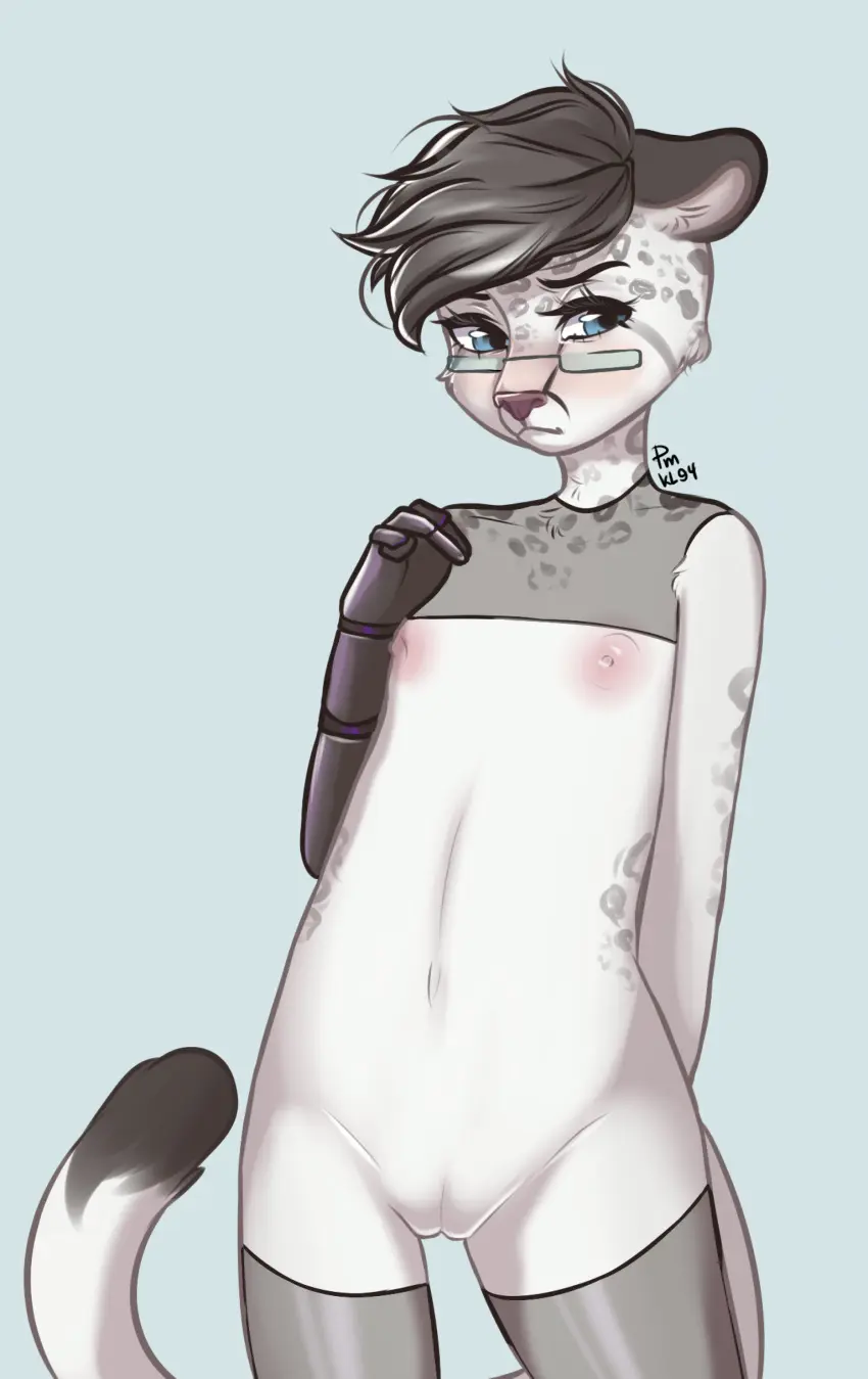 Image clothing,grey_hair,hi_res,nipples,solo,blue_eyes,pussy,tail,intersex,shy,eyewear,glasses,hair,anthro,stockings,absurd_res,fur,genitals,mammal,feline,legwear,white_body,cuntboy,markings,dipstick_tail,tail_markings,white_fur,felid,spots,translucent,cheetah,translucent_clothing,pivoted_ears,ears_down,prosthetic,prosthetic_arm,prosthetic_limb,cybernetic_arm,mechanical_arm,cybernetic_limb,xheotris,purrymuch