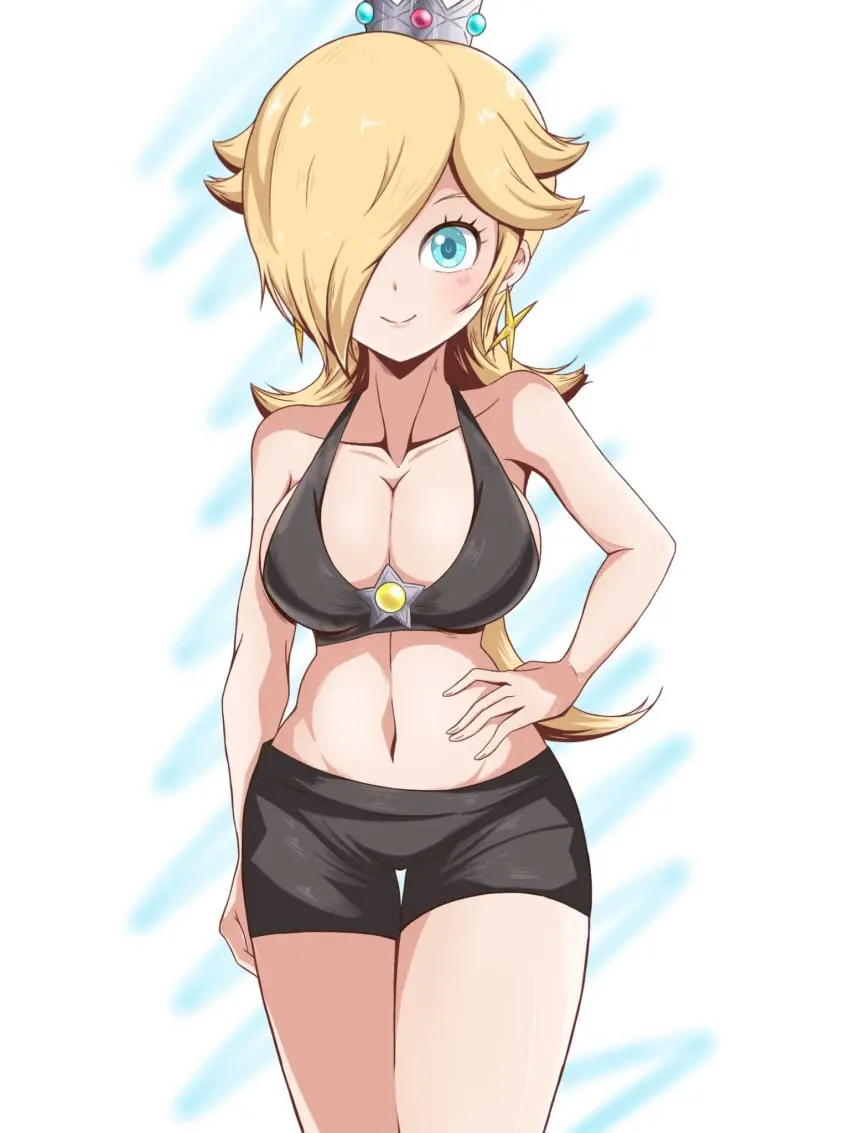 Image 1girls,breasts,female,large_breasts,long_hair,looking_at_viewer,blue_eyes,navel,earrings,hair_over_one_eye,sports_bra,midriff,blonde_hair,mario_(series),nintendo,hand_on_hip,black_shorts,shorts,repost,crown,short_shorts,princess_rosalina,black_sports_bra,brooch,black_short_shorts,yass_8mk