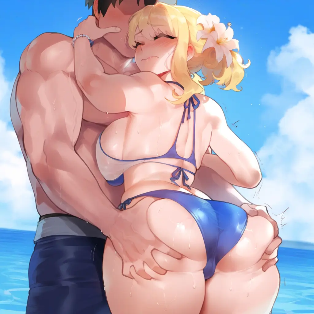 Image blush,breasts,female,light-skinned_female,male,thick_thighs,muscular,muscular_male,wide_hips,embarrassed,shy,ai_generated,huge_breasts,light-skinned_male,hourglass_figure,ass_grab,thiccwithaq_(ai_style),fairy_tail,artstyle_imitation,lucy_heartfilia,gray_fullbuster,ldoe_art