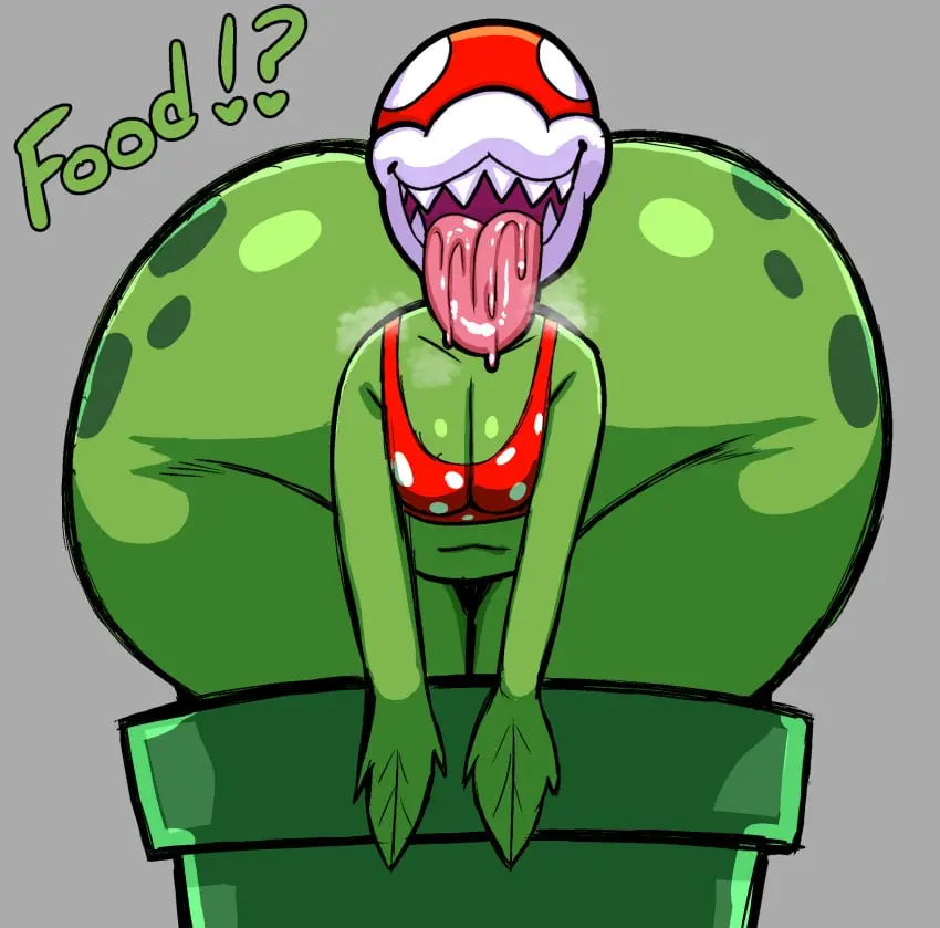 Image open_mouth,simple_background,solo,1boy,male,tongue_out,tongue,ass,big_ass,bubble_butt,huge_ass,femboy,male_only,fat_ass,text,thick_ass,saliva,mario_(series),dialogue,grey_background,large_ass,front_view,plant,crop_top,png,piranha_plant,plantie,inuzu,warp_pipe