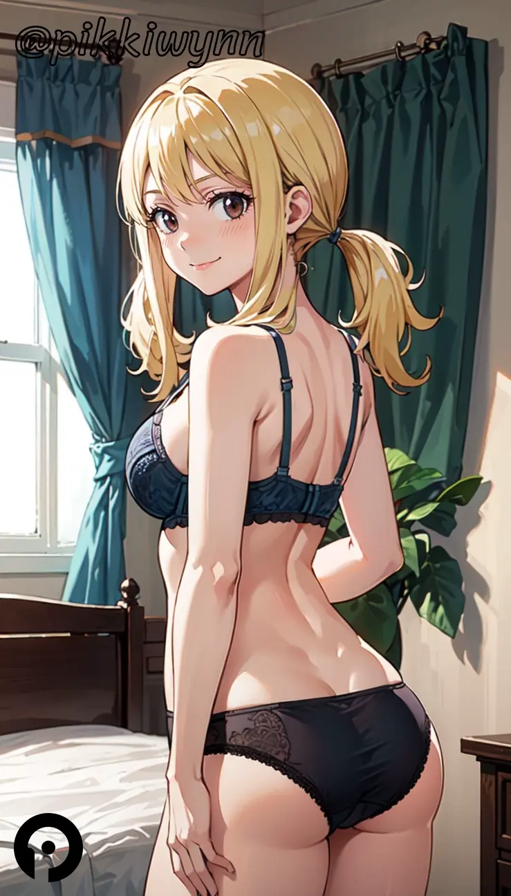 Image blush,breasts,brown_eyes,cowboy_shot,female,long_hair,looking_at_viewer,smile,solo,standing,bangs,sidelocks,bra,panties,underwear,ass,looking_back,ai_generated,bare_shoulders,from_behind,blonde_hair,medium_breasts,back,bed,indoors,black_panties,underwear_only,twintails,bedroom,curtains,closed_mouth,low_twintails,window,bare_arms,butt_crack,black_bra,fairy_tail,shoulder_blades,lucy_heartfilia,pikkiwynn
