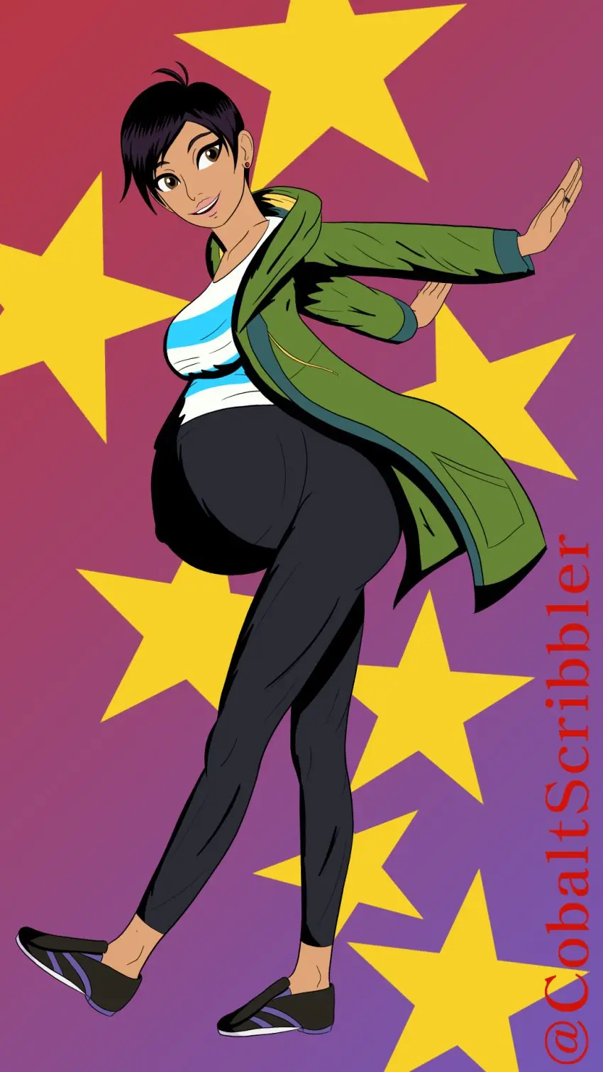 Image brown_eyes,female,black_hair,belly,belly_button,happy,happy_female,pregnant,pregnant_belly,pregnant_female,jacket,dc,dc_comics,leggings,jacket_open,coat,green_jacket,lois_lane,lois_lane_(my_adventures_with_superman),my_adventures_with_superman,belly_button_visible_through_clothing,cobaltscribbler,high_waisted_pants