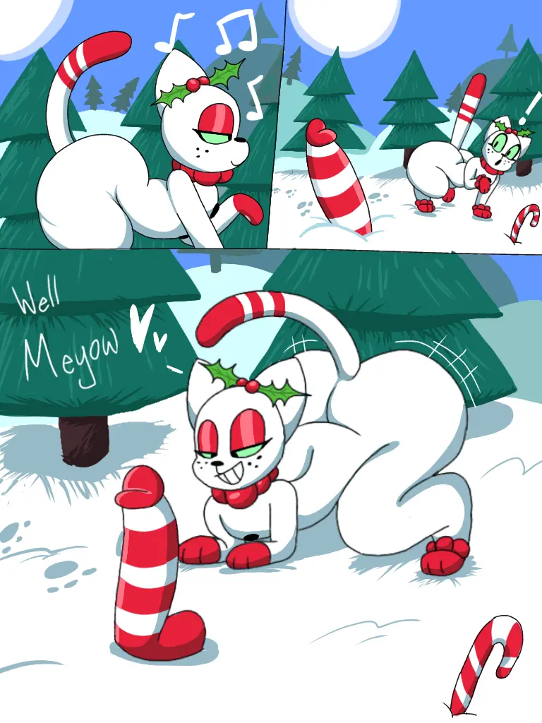 Image penis,big_ass,big_penis,grin,text,bent_over,paws,looking_at_penis,all_fours,hearts_around_head,tree,ass_up,white_fur,blue_sky,snow,suprised_look,japansadface,red_eyeshadow,musical_note,tail_up,paw_print,candy_cane_penis,junipurr,peppermint_cat,red_paws