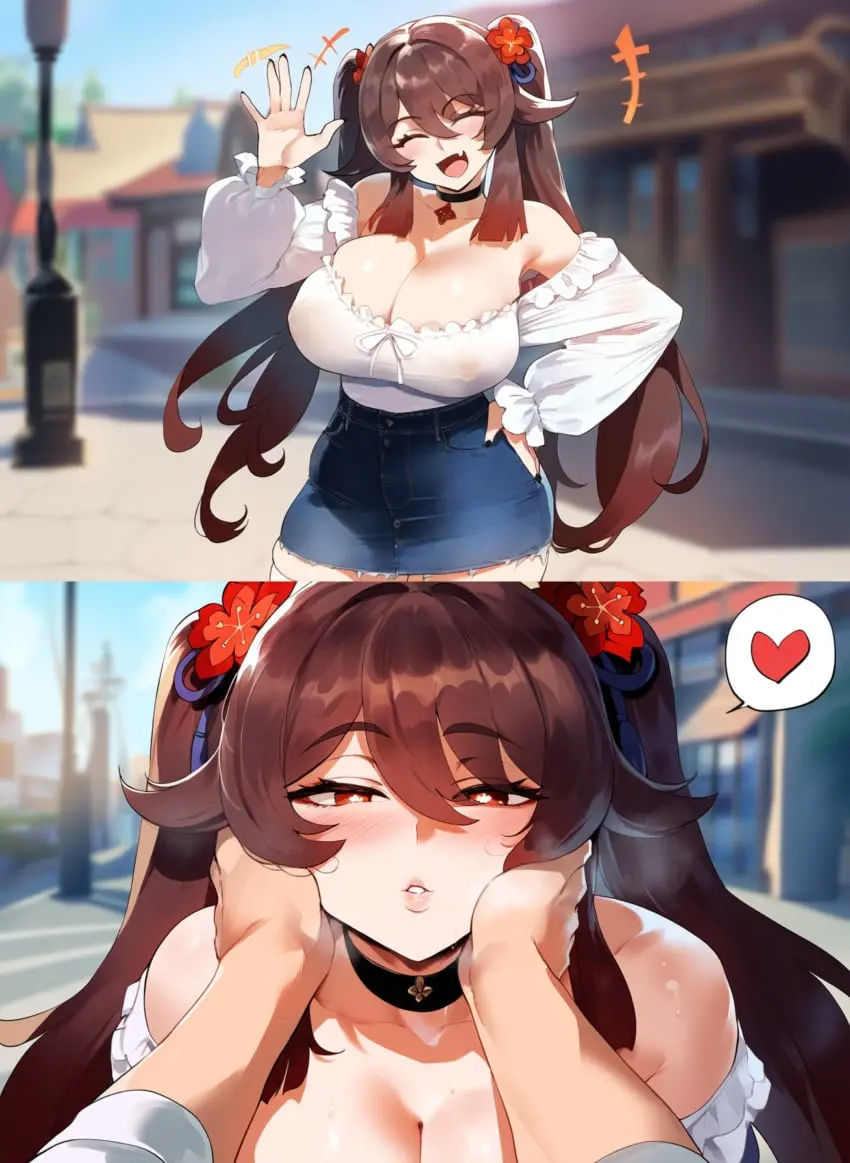 Image breasts,female,looking_at_viewer,thick_thighs,wide_hips,ai_generated,cleavage,huge_breasts,genshin_impact,hu_tao_(genshin_impact),miniskirt,skimpy,nipples_visible_through_clothing,kissing,novelai,close-up,thiccwithaq_(ai_style),artstyle_imitation,face_grab,pov_kiss,henrik_n