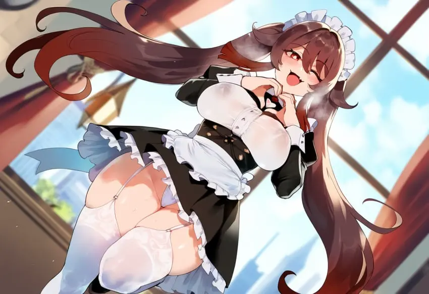 Image big_breasts,blush,breasts,female,looking_at_viewer,panties,thick_thighs,thighs,ai_generated,happy,genshin_impact,hu_tao_(genshin_impact),maid,maid_outfit,alternate_breast_size,from_below,novelai,garter_straps,thiccwithaq_(ai_style),heart_hands,henrik_n