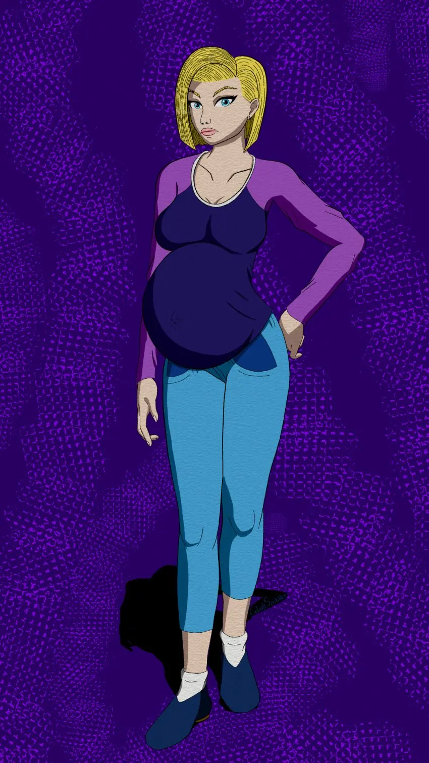Image big_breasts,breasts,female,long_sleeves,blue_eyes,belly,belly_button,earring,pregnant,pregnant_belly,pregnant_female,blonde_hair,android_18,dragon_ball,dragon_ball_z,tight_clothing,blonde_female,annoyed,big,blue_pants,jeans,dragon_ball_super,blue_jeans,annoyed_expression,purple_topwear,belly_button_visible_through_clothing,purple_shirt,cobaltscribbler,maternity_jeans