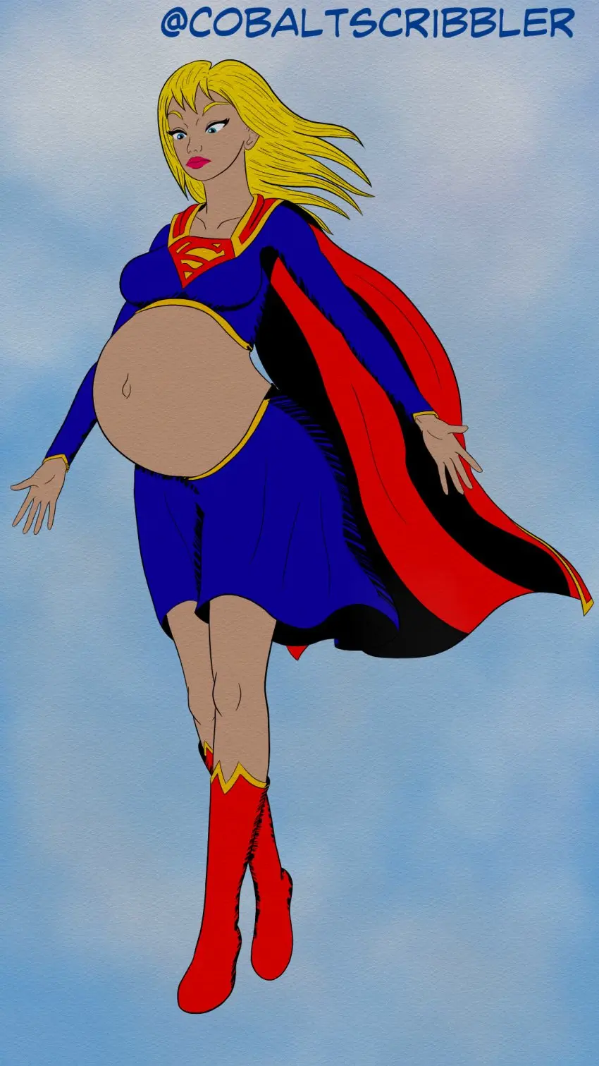 Image female,long_sleeves,blue_eyes,bare_belly,bare_midriff,belly,outie_navel,popped_navel,pregnant,pregnant_belly,pregnant_female,blonde_hair,skirt,cape,dc,dc_comics,blonde_female,blue_skirt,annoyed,boots,superheroine,annoyed_expression,blue_clothing,floating,blue_shirt,pink_lips,pink_lipstick,red_boots,superhero_costume,red_cape,unimpressed,exposed_belly,supergirl,arms_at_sides,cobaltscribbler,flowing_hair,exposed_belly_button,blue_outfit,outie,supergirl_(dcau)