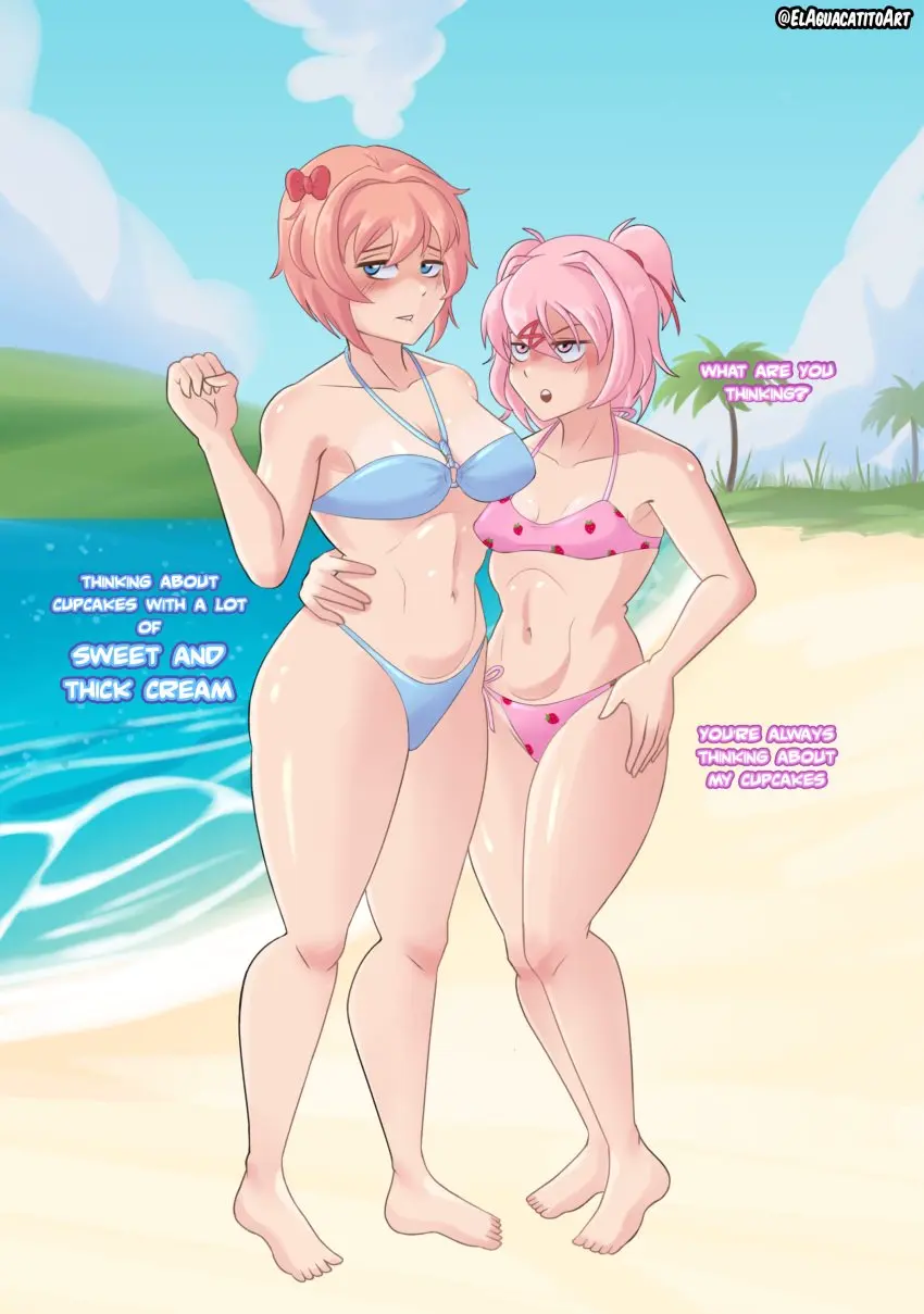 Image blush,female,female_only,human,open_mouth,2girls,multiple_girls,bikini,beach,orange_hair,pink_hair,text,swimsuit,bikini_top,blue_swimsuit,english_text,bikini_bottom,doki_doki_literature_club,natsuki_(doki_doki_literature_club),summer,beach_background,pink_swimsuit,sayori_(doki_doki_literature_club),aguacate_paltastico,el_aguacatito,elaguacatitoart
