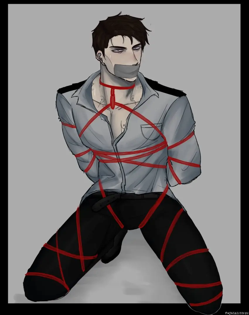 Image solo,1boy,male,bondage,sweating,male_focus,five_nights_at_freddy's,william_afton,tape,taped_mouth,dave_miller,five,purple_guy_(fnaf)