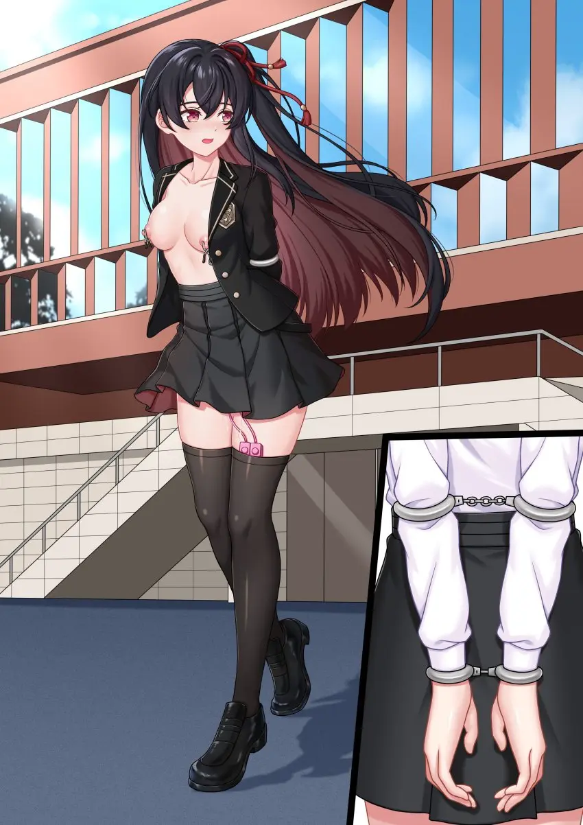 Image breasts,brown_eyes,female,highres,long_hair,nipples,solo,absurdres,black_hair,thighhighs,multicolored_hair,virtual_youtuber,collarbone,medium_breasts,brown_hair,topless,outdoors,skirt,sex_toy,colored_inner_hair,two-tone_hair,jacket,side_ponytail,bondage,indie_virtual_youtuber,walking,chains,cuffs,shoes,bound,bound_wrists,vibrator,black_skirt,bound_arms,black_jacket,exhibitionism,nipple_clamps,handcuffs,naked_jacket,loafers,vibrator_in_thighhighs,elbow_cuffs,kenen_tanabata,projected_inset