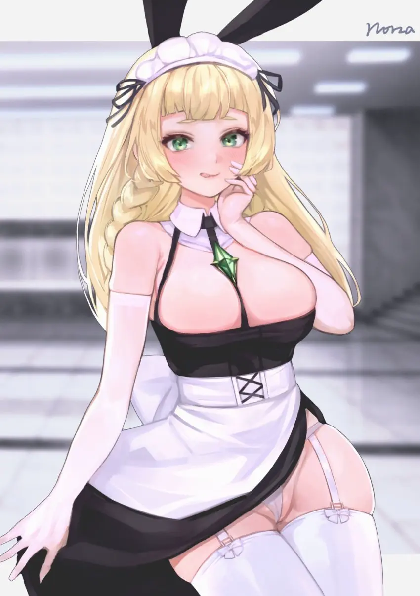 Image 1girls,blush,breasts,female,female_only,hi_res,large_breasts,long_hair,looking_at_viewer,smile,solo,pokemon,thighhighs,panties,thick_thighs,thighs,cleavage,aged_up,blonde_hair,green_eyes,stockings,alternate_version_available,bunny_ears,indoors,nintendo,skindentation,maid,maid_outfit,2022,slim_waist,artist_signature,white_panties,alternate_breast_size,maid_headdress,naughty_face,garter_straps,suggestive_look,pokemon_sm,lillie_(pokemon),revision,brooch,norza
