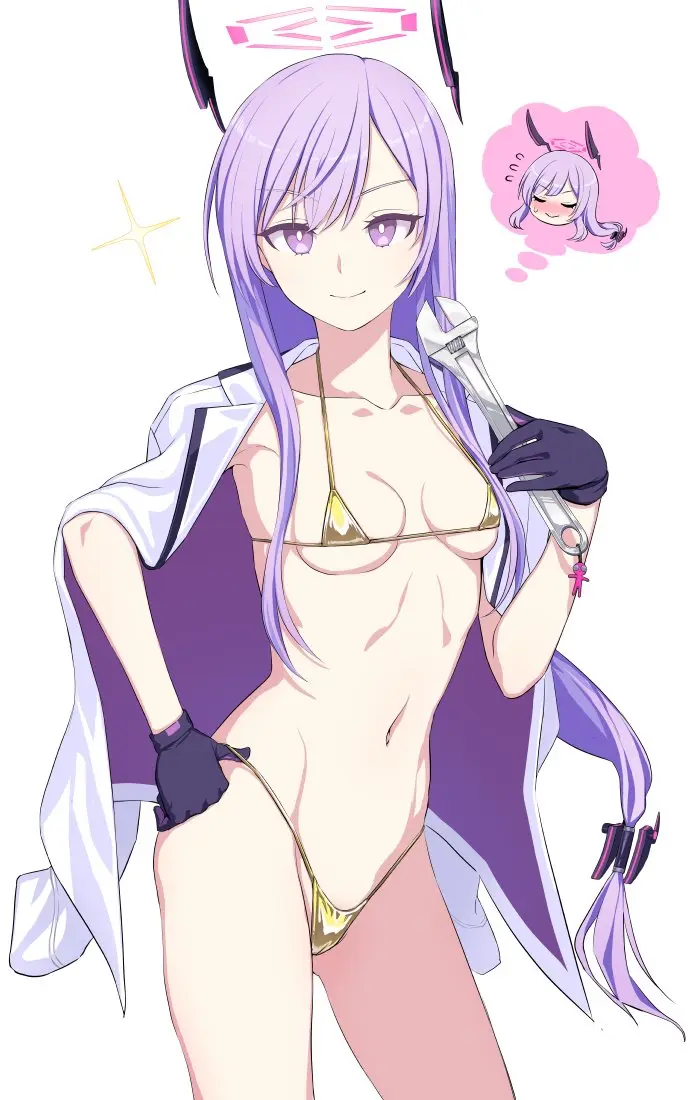 Image breasts,female,gloves,blue_archive,small_breasts,embarrassed,flustered,petite,full-face_blush,closed_eyes,hand_on_hip,holding_object,micro_bikini,thought_bubble,open_jacket,thong_bikini,millennium_science_school_student,confident,sparkle,wrench,gold_bikini,engineering_department_(blue_archive),confident_smile,endurance,utaha_(blue_archive)