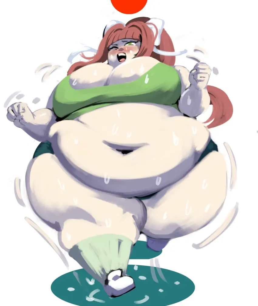 Image 1girls,breasts,female,white_background,sweat,ponytail,color,huge_belly,huge_breasts,tagme,green_eyes,thick,motion_lines,sweating,2024,doki_doki_literature_club,running,huge_thighs,fat,overweight,overweight_female,fat_fetish,morbidly_obese,morbidly_obese_female,ssbbw,bbw,monika_(doki_doki_literature_club),jogging,sonier103