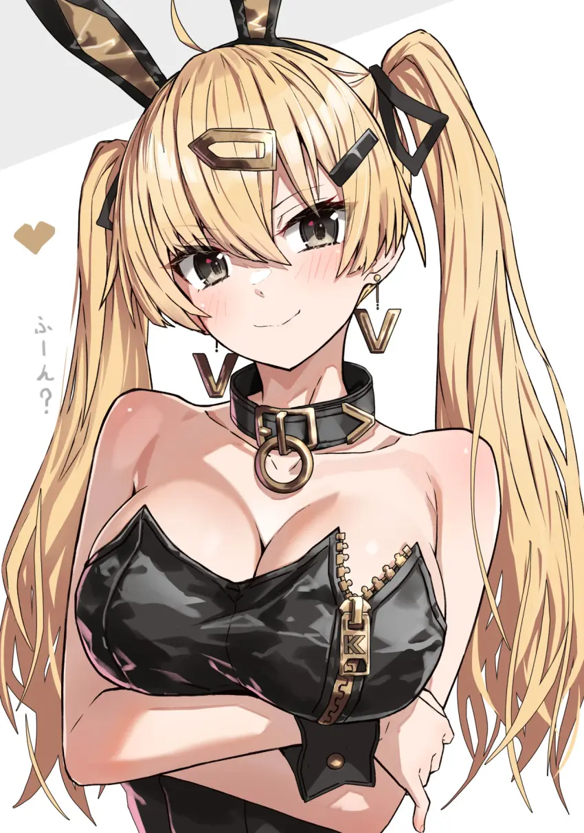 Image yellow_eyes,earrings,blonde_hair,bunny_ears,collar,leather_topwear,takanashi