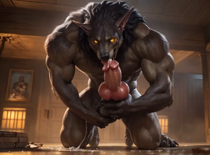 Image solo,male,muscular,muscular_male,ai_generated,masturbation,realistic,canine,wolf,knot,werewolf,huge_knot,autofellatio,self_lick,jerk_off,self_sucking