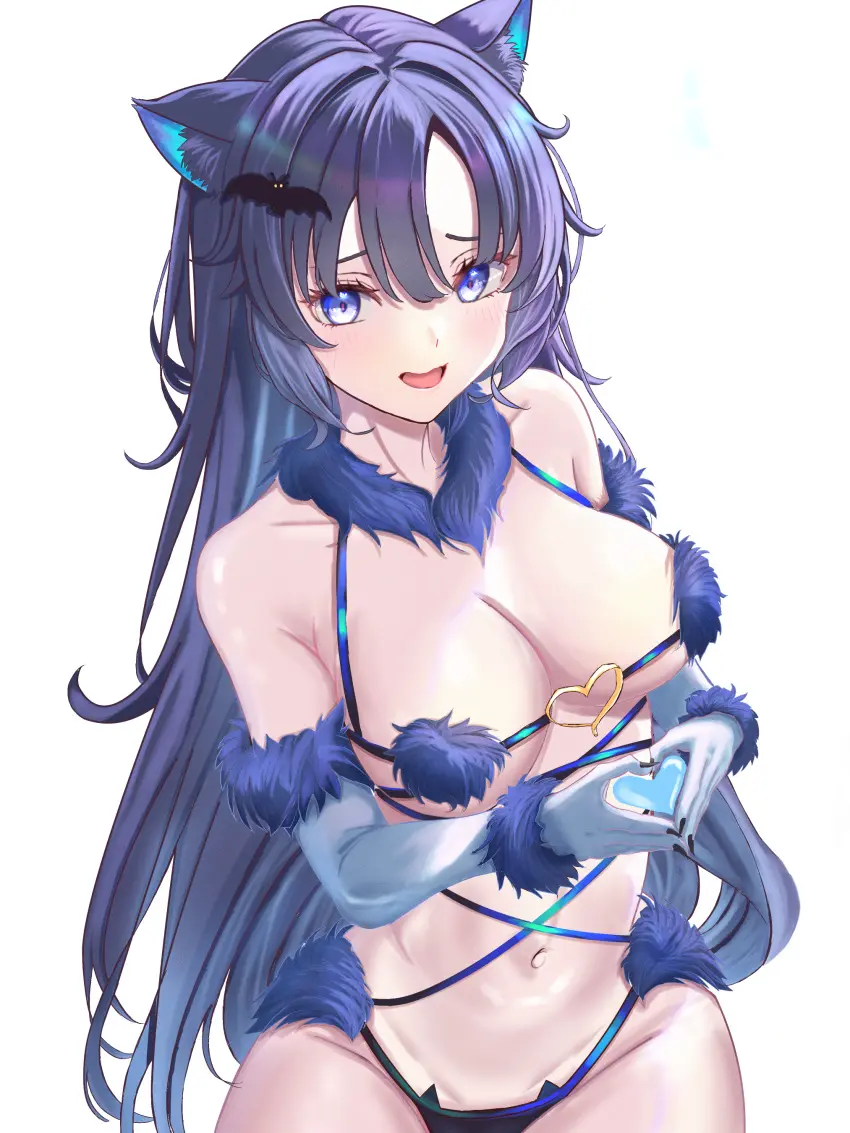 Image cowboy_shot,female,highres,long_hair,looking_at_viewer,open_mouth,simple_background,smile,solo,white_background,absurdres,animal_ears,blue_eyes,blue_hair,gloves,navel,blue_archive,bikini,animal_ear_fluff,swimsuit,fur_collar,fur_trim,revealing_clothes,heart,blue_bikini,wolf_ears,o-ring,fate_(series),cosplay,yuuka_(blue_archive),millennium_science_school_student,seminar_(blue_archive),fate/grand_order,grey_gloves,mash_kyrielight,mash_kyrielight_(dangerous_beast),o-ring_top,heart_hands,fur_bikini,mash_kyrielight_(dangerous_beast)_(cosplay),fur-trimmed_gloves,no_halo,zea_(zeamilky)