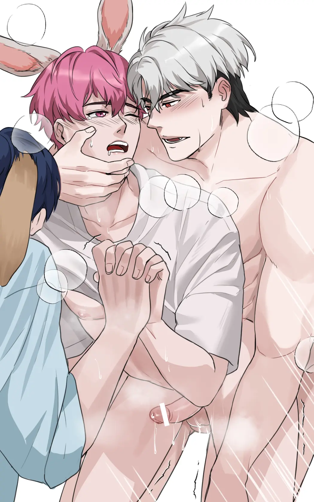 Image red_eyes,white_hair,cum,male,penis,ass,yaoi,pink_hair,tagme,pink_eyes,censored,censor_bar,bamby_(plave),plave,eunho_(plave)