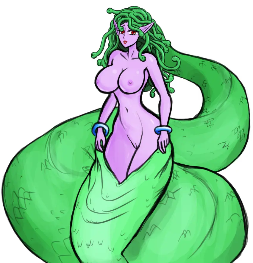 Image big_breasts,breasts,female,hi_res,looking_at_viewer,nipples,red_eyes,simple_background,solo,white_background,navel,nude,pussy,thick_thighs,humanoid,wide_hips,areola,eyelashes,jewelry,purple_skin,monster,monster_girl,mythology,public_domain,european_mythology,greek_mythology,red_lipstick,genitals,bracelet,makeup,lipstick,small_waist,green_body,green_scales,reptile,scales,scalie,purple_body,humanoid_pointy_ears,apode,draconcopode,legless,serpentine,snake,pseudo_hair,purple_nipples,purple_areola,shedding,thick_naga_hips,snake_hair,nightmare_waifu,medusa,gradius,parodius,living_hair,piscirabble