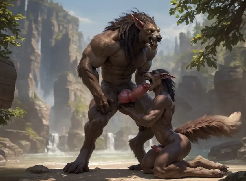 Image male,oral,penis,big_penis,duo,muscular,muscular_male,ai_generated,male_only,anthro,gay,blowjob,realistic,canine,precum,wolf,forest,forest_background,knot,werewolf,big_knot,male_on_male,waterfall
