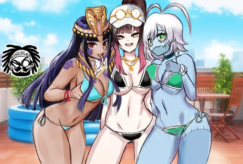 Image female,highres,light-skinned_female,light_skin,long_hair,looking_at_viewer,red_eyes,standing,white_hair,black_hair,blue_hair,blunt_bangs,short_hair,tongue_out,yellow_eyes,bikini,female_focus,ponytail,smiling,smiling_at_viewer,virtual_youtuber,sky,belly_button,vtuber,2d,green_eyes,sunglasses_on_head,swimsuit,outdoors,hourglass_figure,alternate_costume,black_bikini,2d_(artwork),young,high_resolution,thong,3girls,egyptian,front_view,younger_female,cap,day,sunglasses,grabbing_own_breast,blue_skin,green_bikini,clouds,thong_bikini,two_piece_swimsuit,vtuberfanart,suggestive,suggestive_look,zombie_girl,latam_virtual_youtuber,hana_yomeguri,snake_girl,brown-skinned_female,egyptian_female,mrgarts,naya_onuphyrus,saino_entertainment