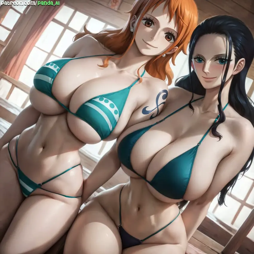 Image big_breasts,breasts,clothing,female,female_only,light-skinned_female,looking_at_viewer,2girls,black_hair,blue_eyes,red_hair,thick_thighs,one_piece,ai_generated,nami_(one_piece),post-timeskip,tattoo,breasts_bigger_than_head,swimsuit,curvy_female,nico_robin,panda_ai,breast_